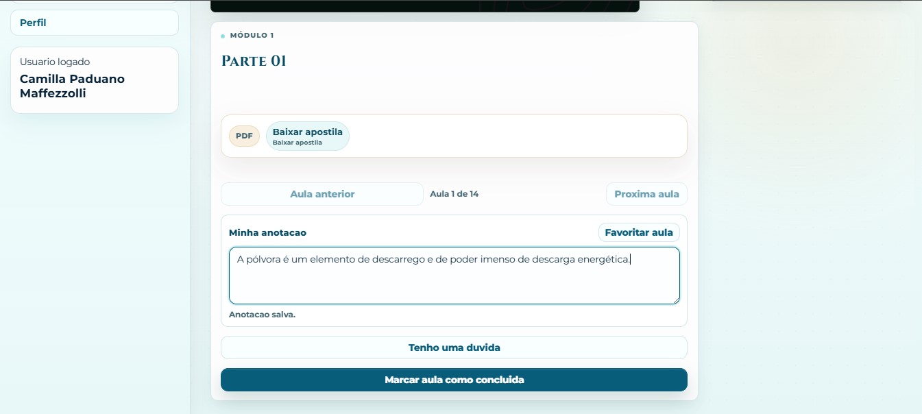 Área de anotações das aulas na Casa Luz EAD