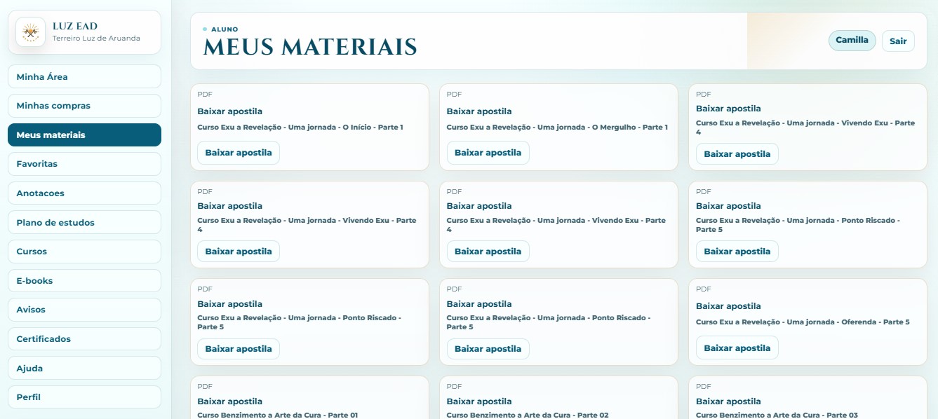 Biblioteca de materiais do aluno na Casa Luz EAD