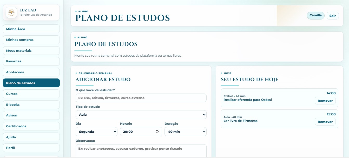 Organizador semanal de estudos da Casa Luz EAD