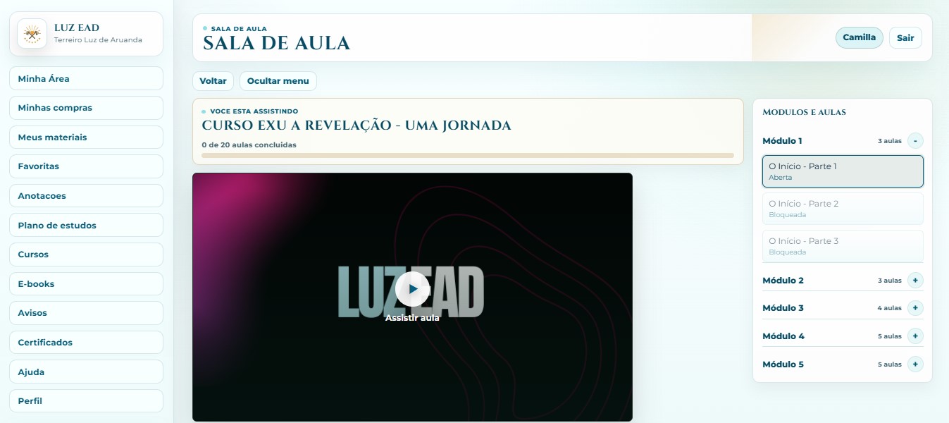 Player de vídeo e página de aula da Casa Luz EAD